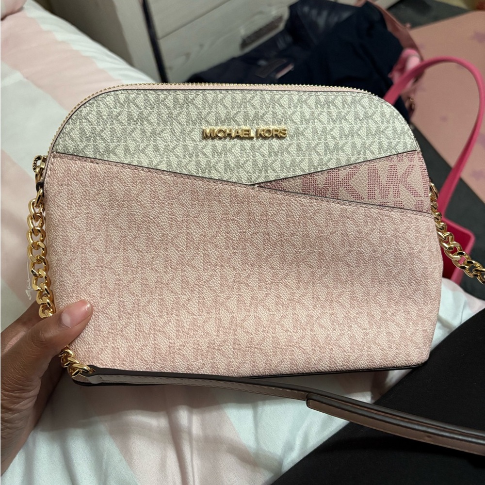 Michael Kors Pink and Cream Signature Dome Crossbody
